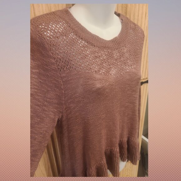 True Craft Dusty Rose Pink Open Knit Sweater – Size Large – Feminine Ruffle Hem - Picture 2 of 12